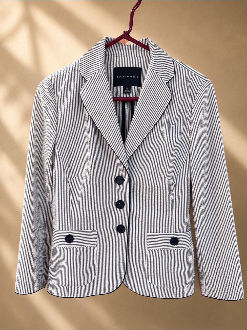 Banana Republic Seersucker Blazer Jacket Women’s Size 2 Navy White Stripe